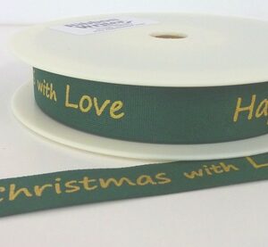 Green Cotton/Gold Happy Christmas print 15mm x 20m