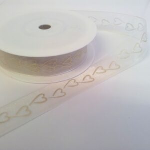 Ivory organza Wedding Ribbon with printed Silver Hearts 15mmx20m