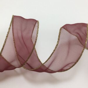 Burgundy Red Organza Christmas ribbon with gold wired edge 50mm x 9.14 Metre roll