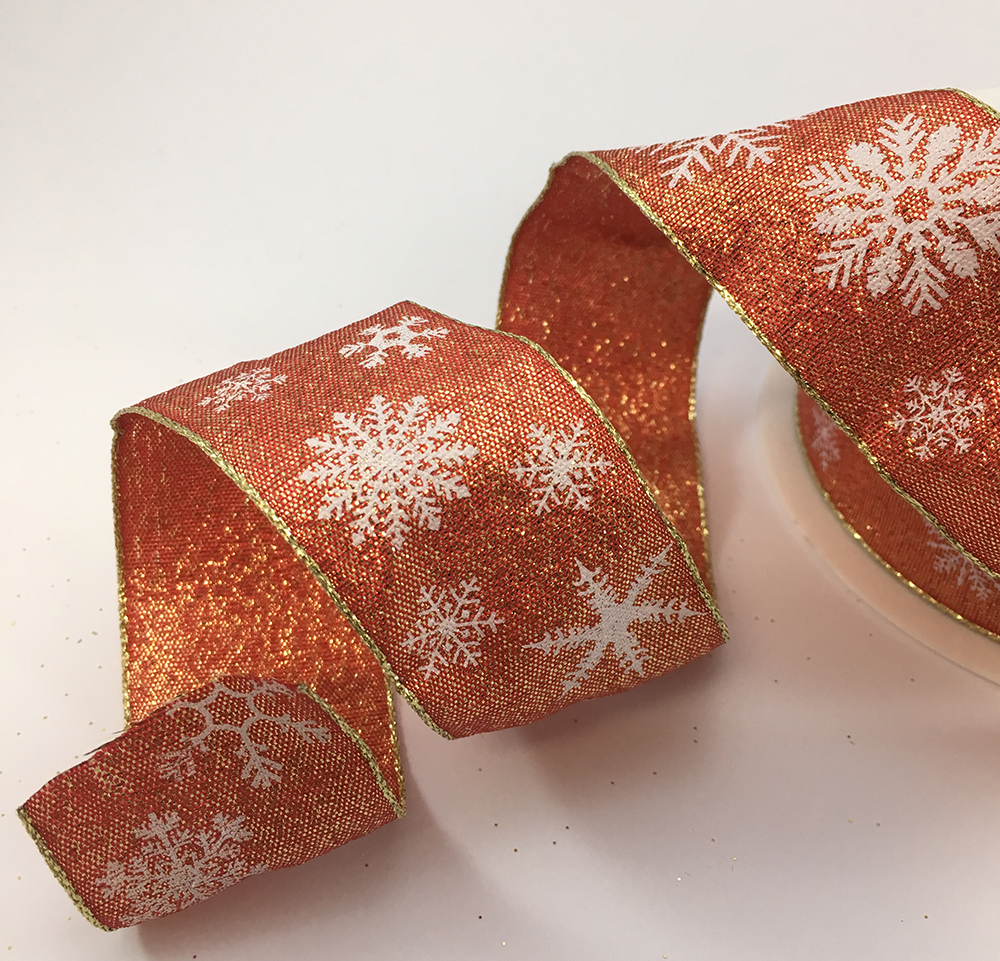 Wire edge Christmas lurex ribbon with glitter and white snowflakes 25mm or 40mm widths x 20 Metre Roll KA9235 - Image 10