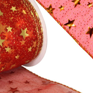 Finesse wired edge Red Satin Stars & Dots 63mm x 9.14m