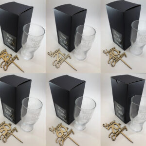Special Birthday engraved pint glass with matching wooden cake topper