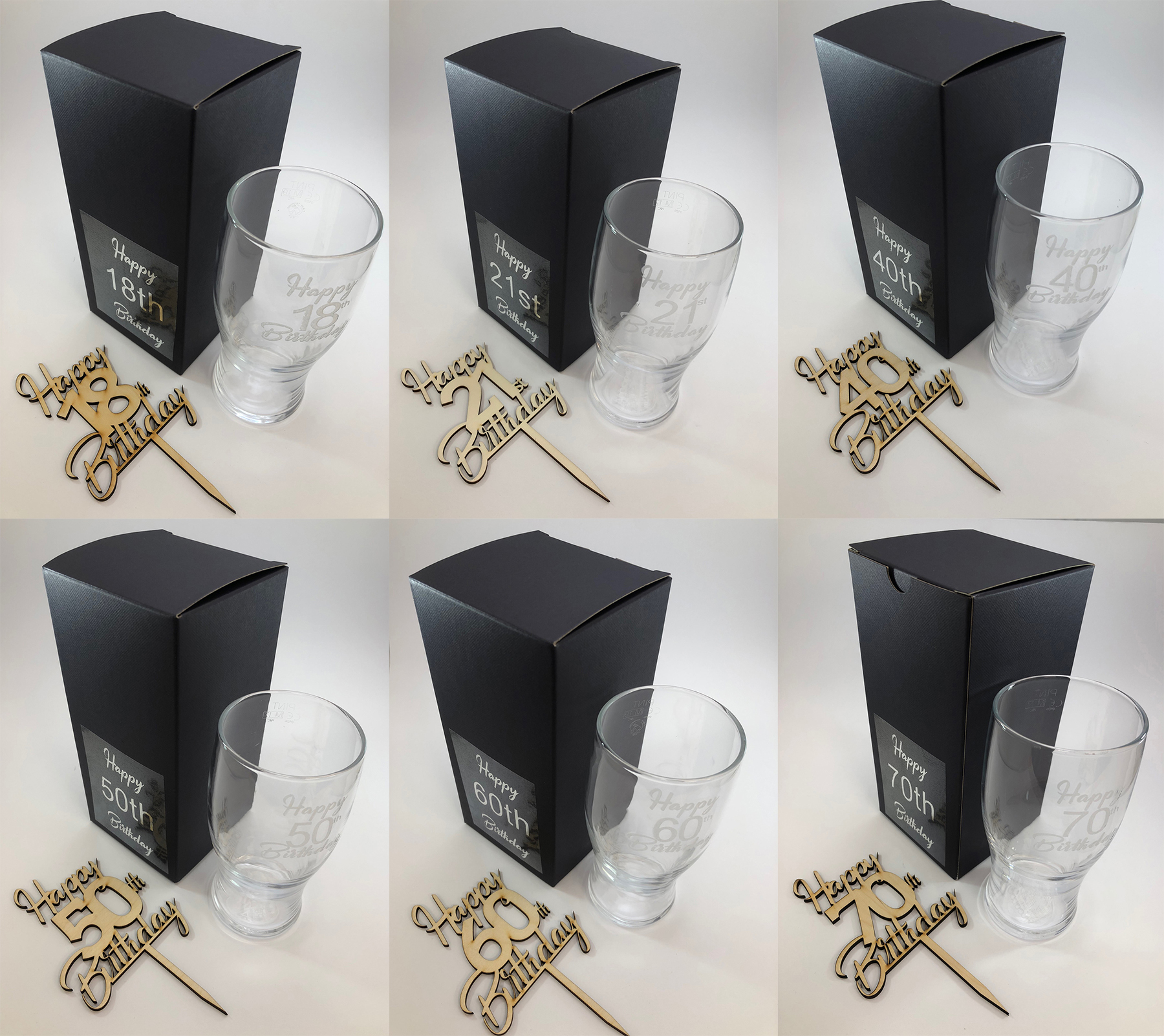 Special Birthday engraved pint glass with matching wooden cake topper