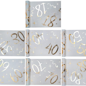 White Birthday table runner printed with metallic gold 18th, 30th, 40th, 50th, 60th, 70th & 80th - 30cm x 5M T6158