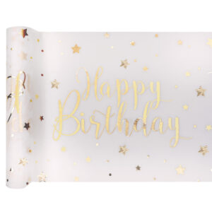 Luxury white/gold metallic Happy Birthday print table runner 30cm x 5 Metres T6744 1