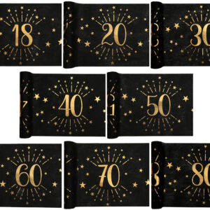 Black Birthday table runner printed with metallic gold 18th, 20th, 30th, 40th, 50th, 60th, 70th & 80th 30cm x 5M T6787