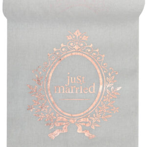 White cotton table runner with Rose gold "Just Married" print 28cm x 3 Metre T6899