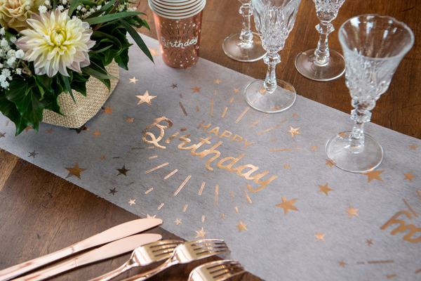 Happy Birthday white with rose gold or black with gold metallic print table runner 30cm x 5 Metre - T7505 - Image 3