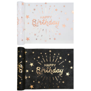 Happy Birthday white with rose gold or black with gold metallic print table runner 30cm x 5 Metre - T7505