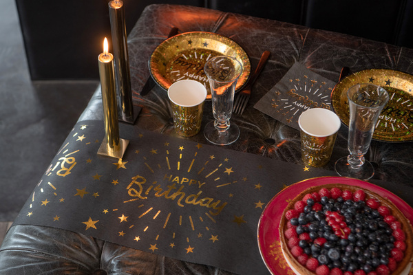 Happy Birthday white with rose gold or black with gold metallic print table runner 30cm x 5 Metre - T7505 - Image 2