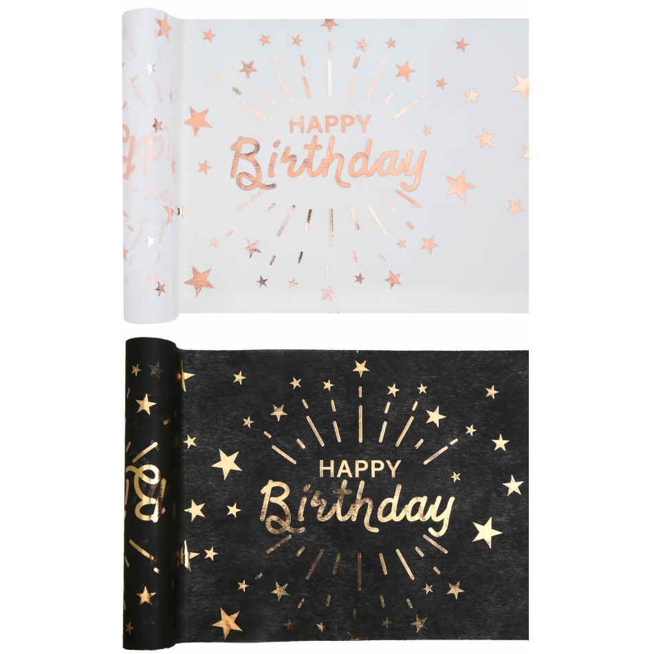 Happy Birthday white with rose gold or black with gold metallic print table runner 30cm x 5 Metre - T7505