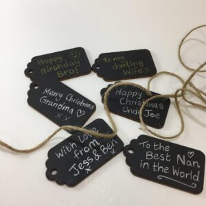 Wooden black tags with jute string ties. Size 6.8cm x 4cm (15 pc pack) TAG/BLK