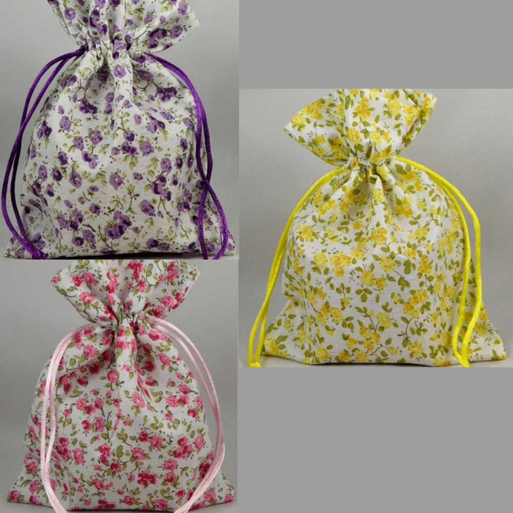 Baby pink/Purple/Yellow floral cloth drawstring gift bag (pack of 3)