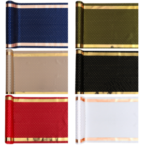 Various Colours Polyester satin table runner with metallic gold dots and borders 28cm x 3m
