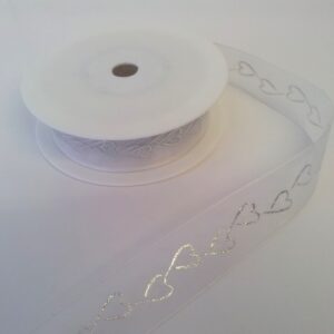 White organza Wedding Ribbon with printed Silver Hearts 15mmx20m