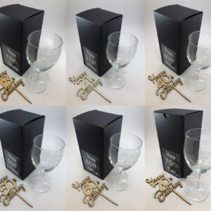 Special Birthday engraved wine glass with matching wooden cake topper