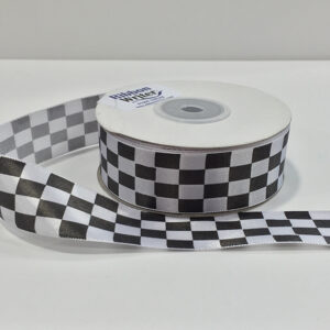 Chequered Flag white with black print polyester ribbon 25mm x 25M Roll