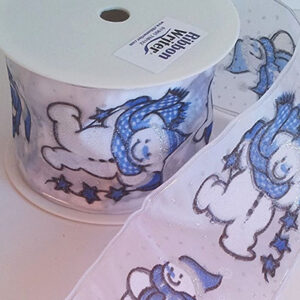 Wired white Christmas ribbon with blue & silver snowmen 65mm x 20 Metre roll