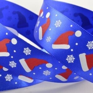 Blue satin ribbon with white Santa hat 25mm x 20m roll