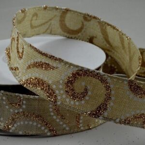 Wired natural coloured ribbon with gold glitter swirls 25mm x 10m roll